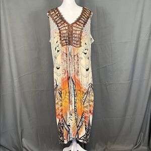 Bohemian Maxi Dress with Orange and Brown Accents